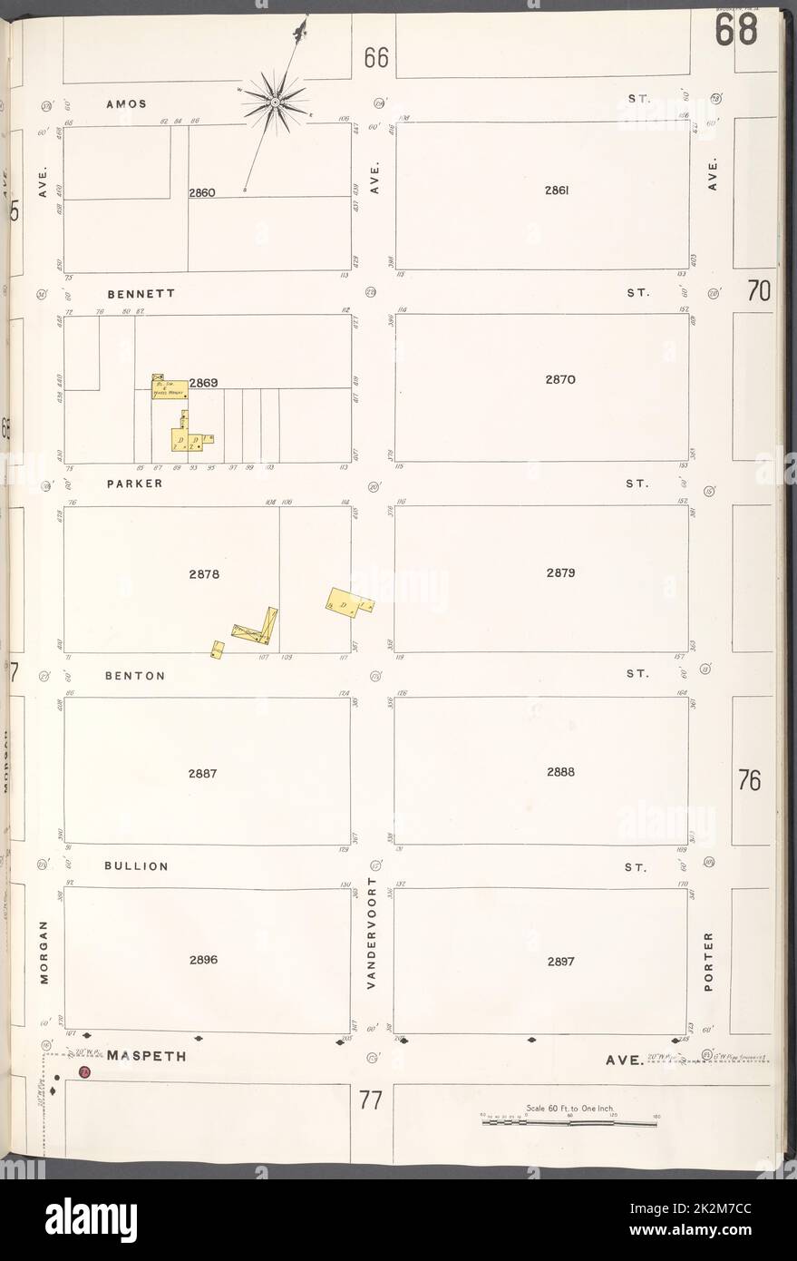 Cartografica, Mappe. 1884 - 1936. Lionel Pincus e la Principessa Firyal Map Division. Assicurazione antincendio , New York (stato), Real Property , New York (stato), Cities & Cities , New York (stato) Brooklyn V. 9, Plate No. 68 Mappa delimitata da Amos St., Porter Ave., Maspeth Ave., Morgan Ave. Foto Stock