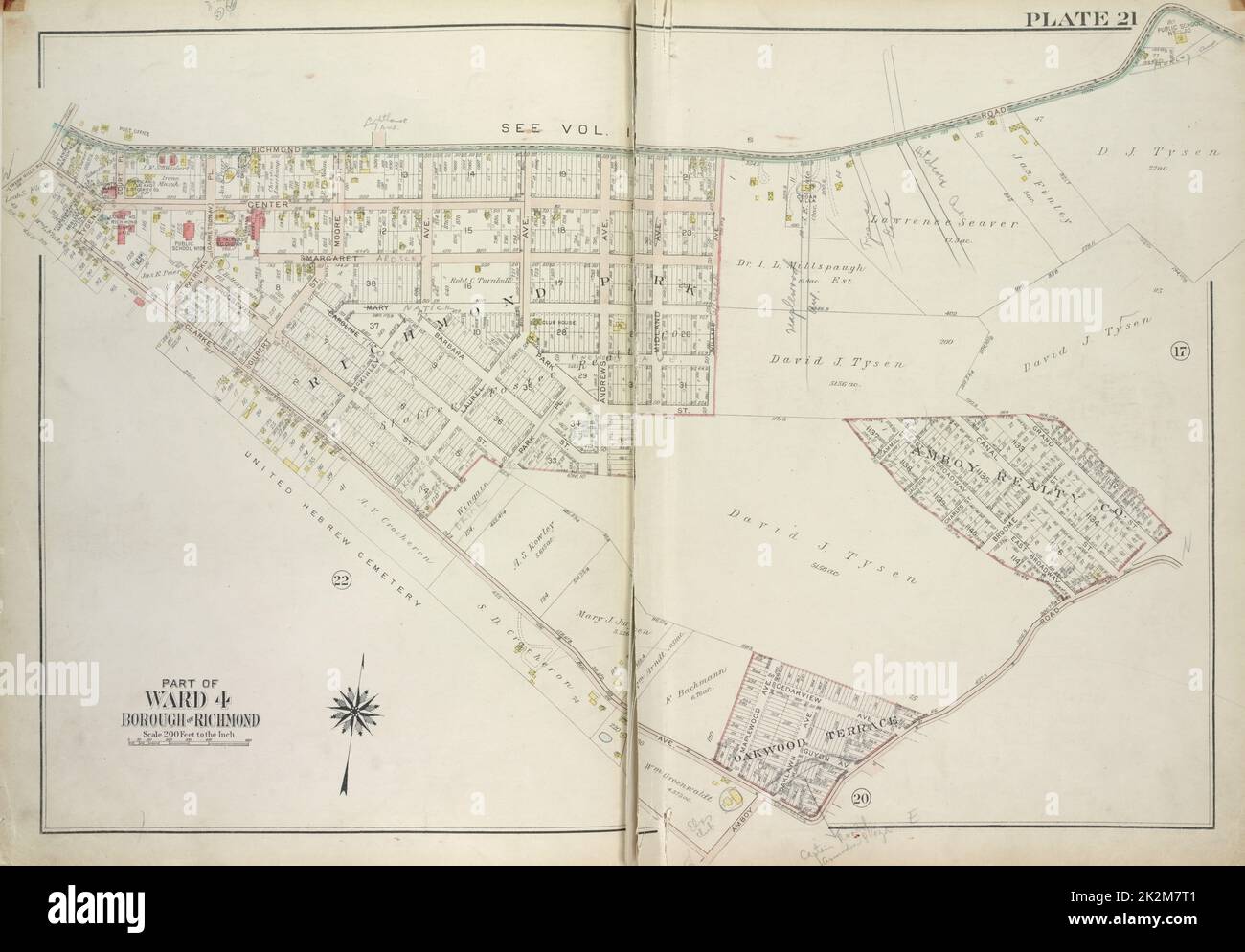 Cartografica, Mappe. 1917. Lionel Pincus e la Principessa Firyal Map Division. Staten Island (New York, N.Y.) Plate 21, parte di Ward 4 Map legata a Richmond Road, Grand St, Clarke Ave, Amboy Road, Tysens St, Centro St Foto Stock