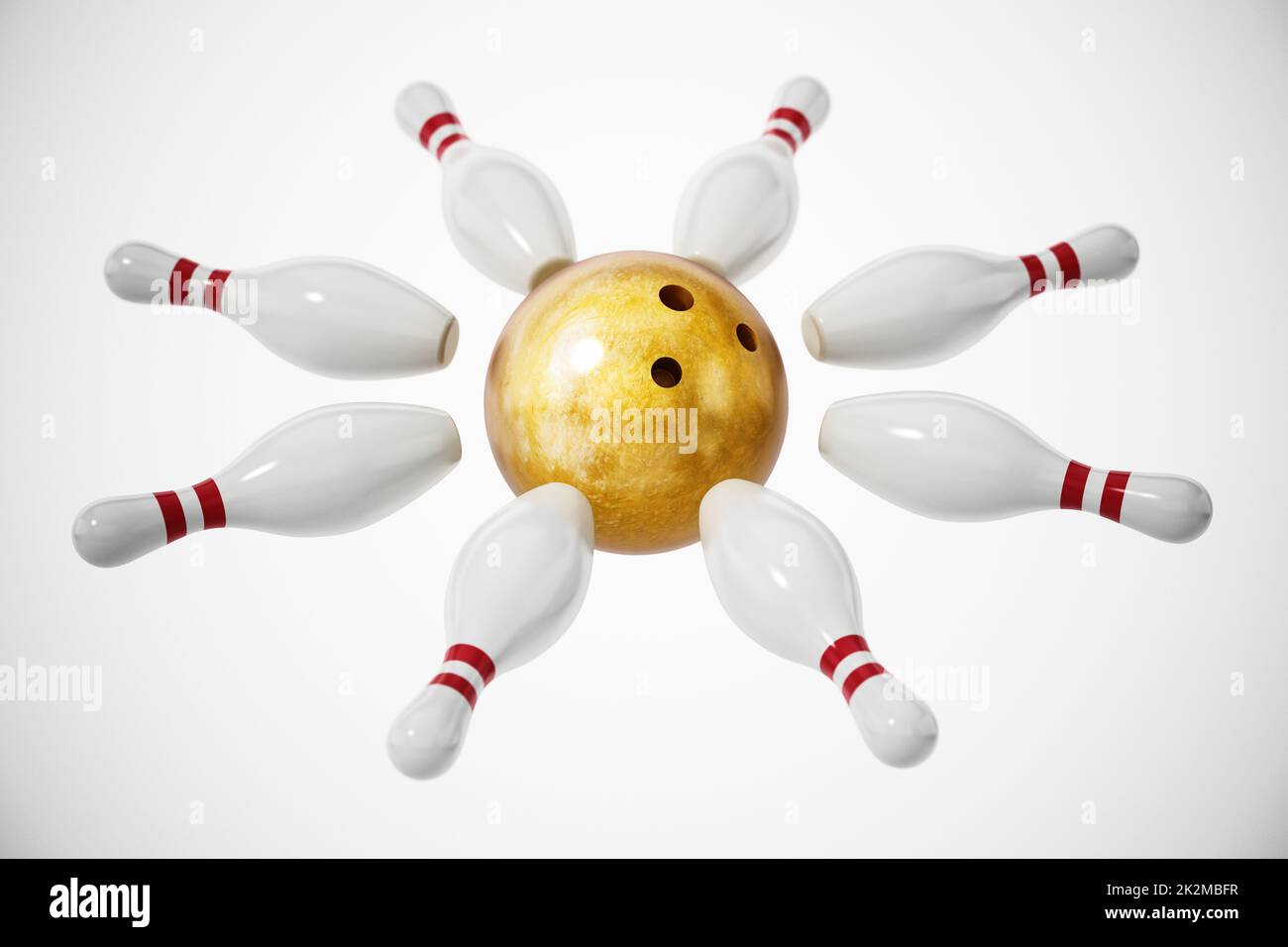 Palla da bowling e spille isolate su sfondo bianco. Illustrazione 3D Foto Stock