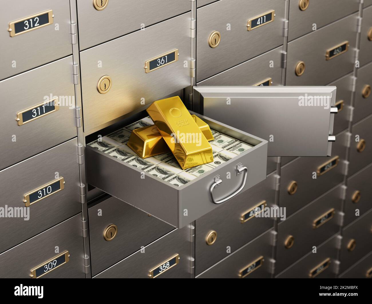 Cassetta di deposito aperta piena di banconote in dollari e lingotti d'oro. Illustrazione 3D Foto Stock
