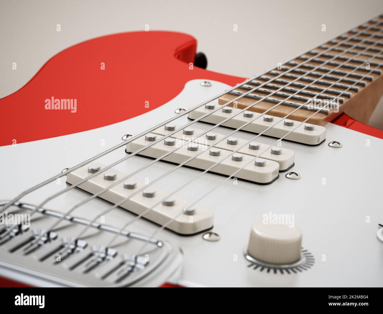 Dettaglio chitarra elettrica con effetto DOF. Illustrazione 3D Foto Stock