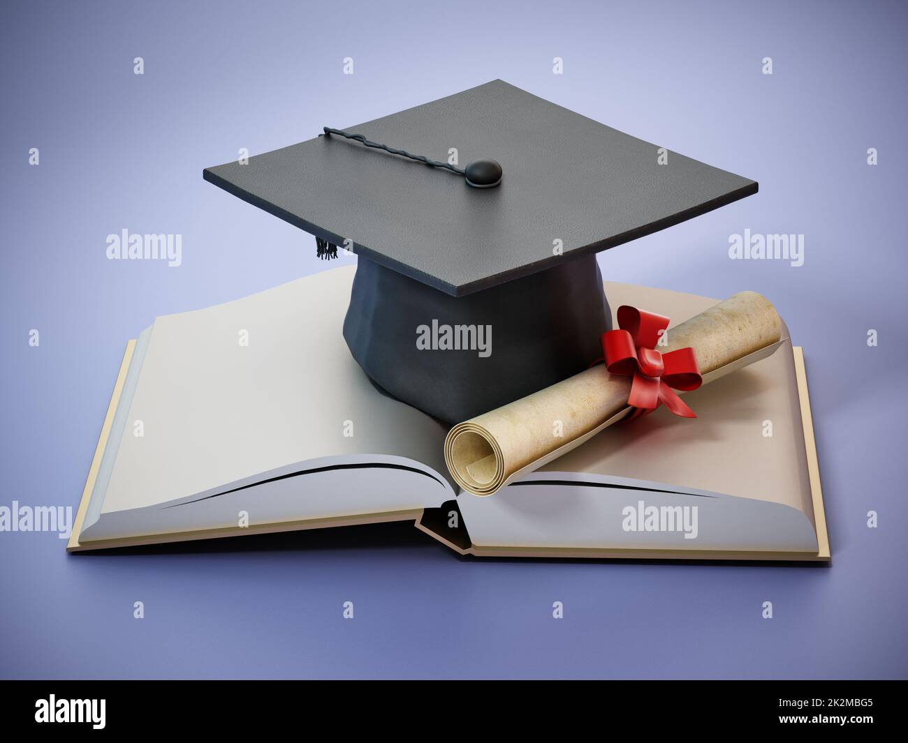 Mortarboard e certificato in piedi su libro aperto. Illustrazione 3D Foto Stock