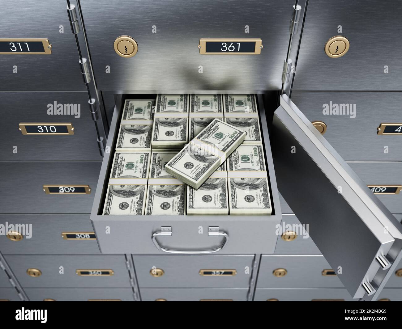 Cassetta di sicurezza aperta piena di fatture in dollari. Illustrazione 3D Foto Stock