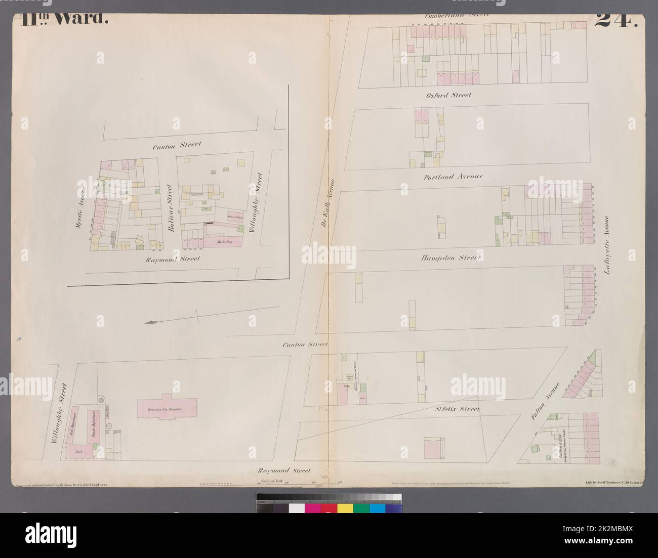 Cartografica, Mappe. 1855. Lionel Pincus e la Principessa Firyal Map Division. Brooklyn (New York, N.Y.), Insurance, Fire, Maps Plate 24: Mappa delimitata da Myrtle Avenue, Cumberland Street, Lafayette Avenue, Raymond Street Foto Stock