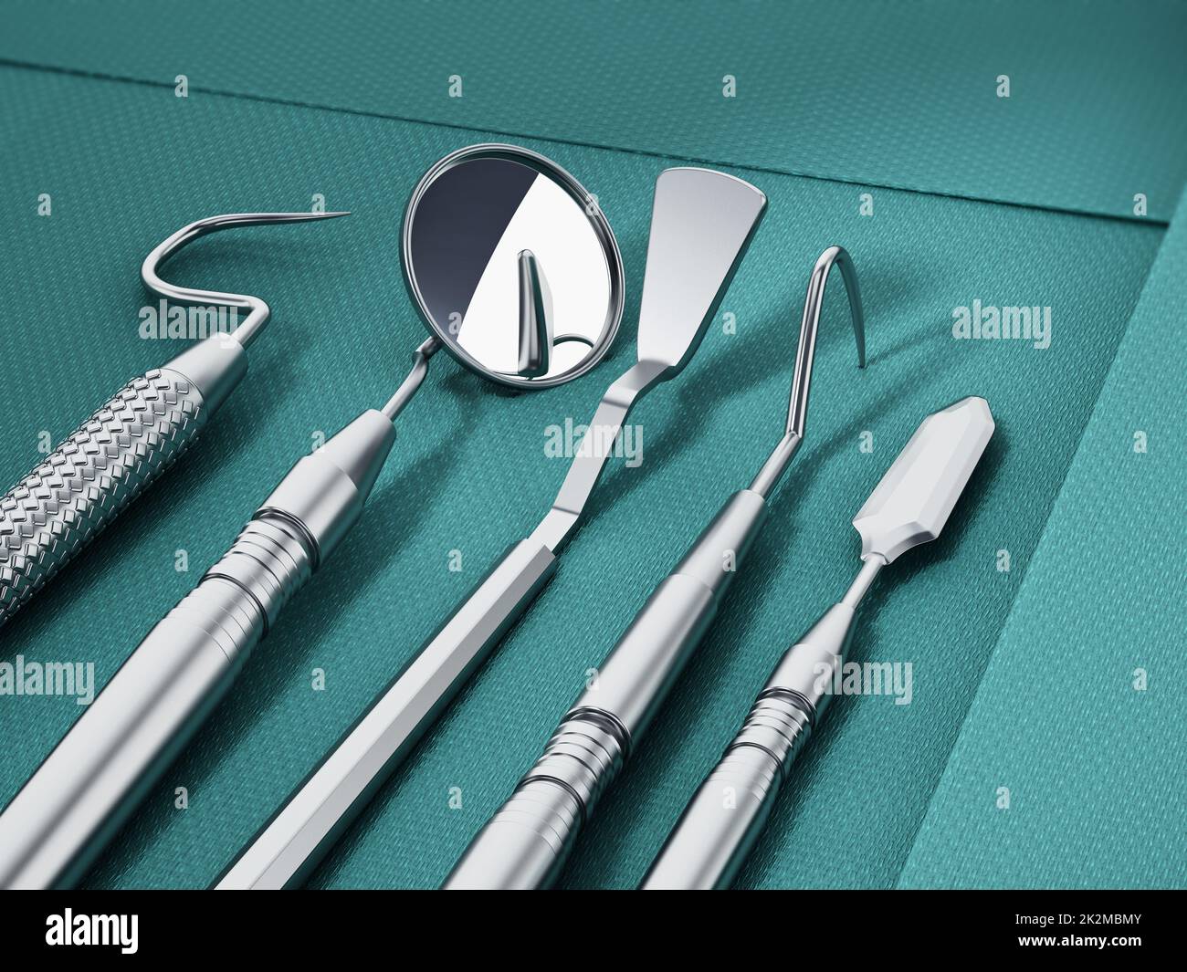 Set di utensili dentistici in piedi su un panno verde sterile. Illustrazione 3D Foto Stock
