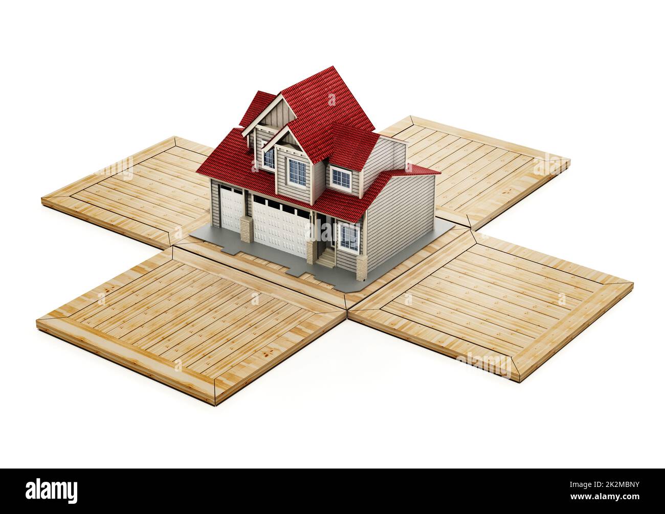 Casa all'interno cassa di trasporto in legno. Illustrazione 3D Foto Stock