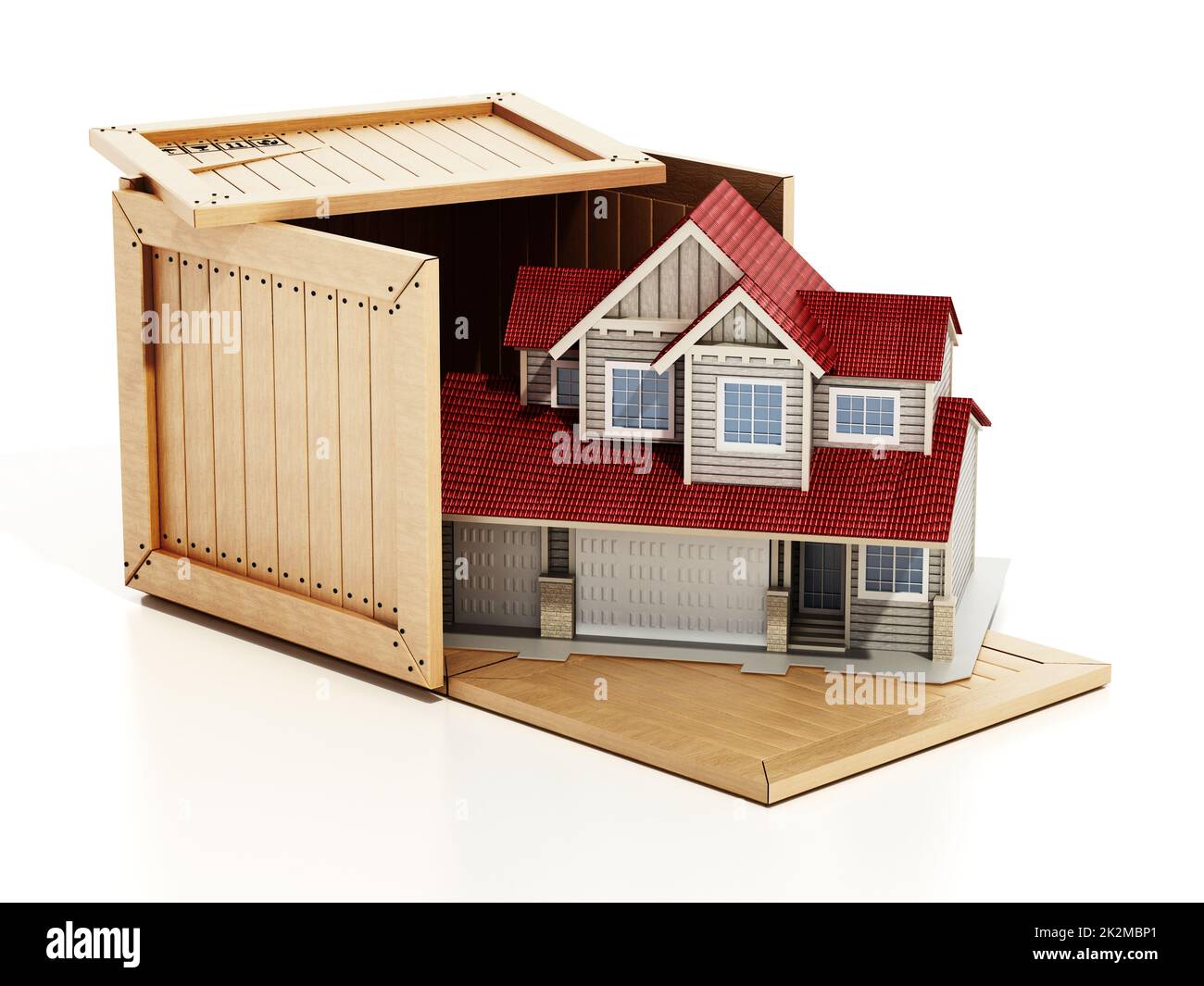 Casa all'interno cassa di trasporto in legno. Illustrazione 3D Foto Stock