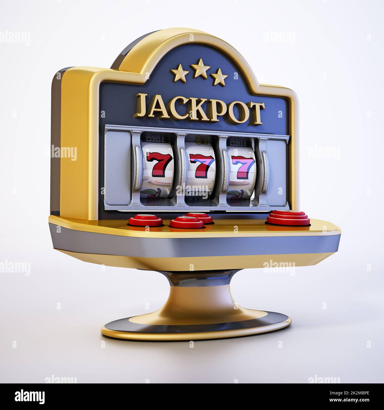 Slot machine con tre sette simboli e testo jackpot. Illustrazione 3D Foto Stock