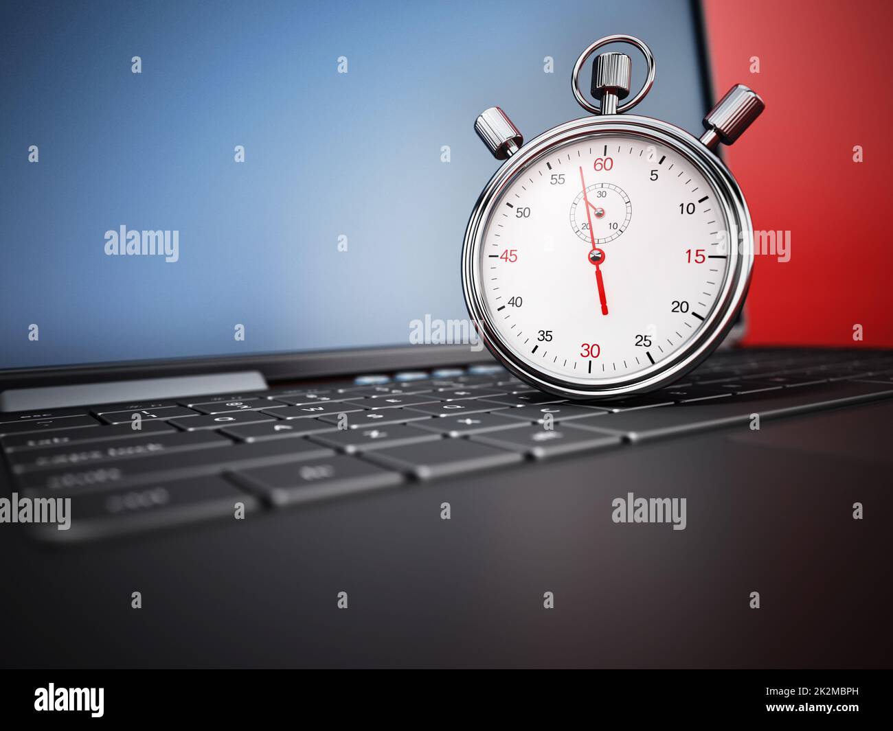 Cronometro in piedi sulla tastiera del computer portatile. Illustrazione 3D Foto Stock