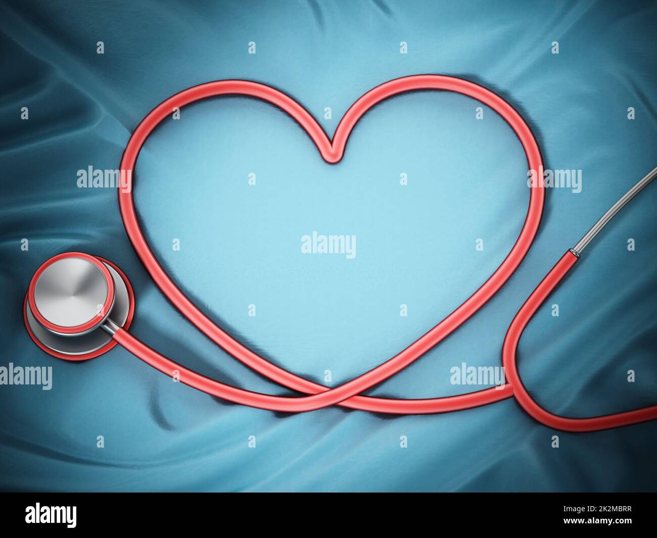 Stetoscopio con cordoncino a forma di cuore su un panno verde. 3D illustrazione Foto Stock
