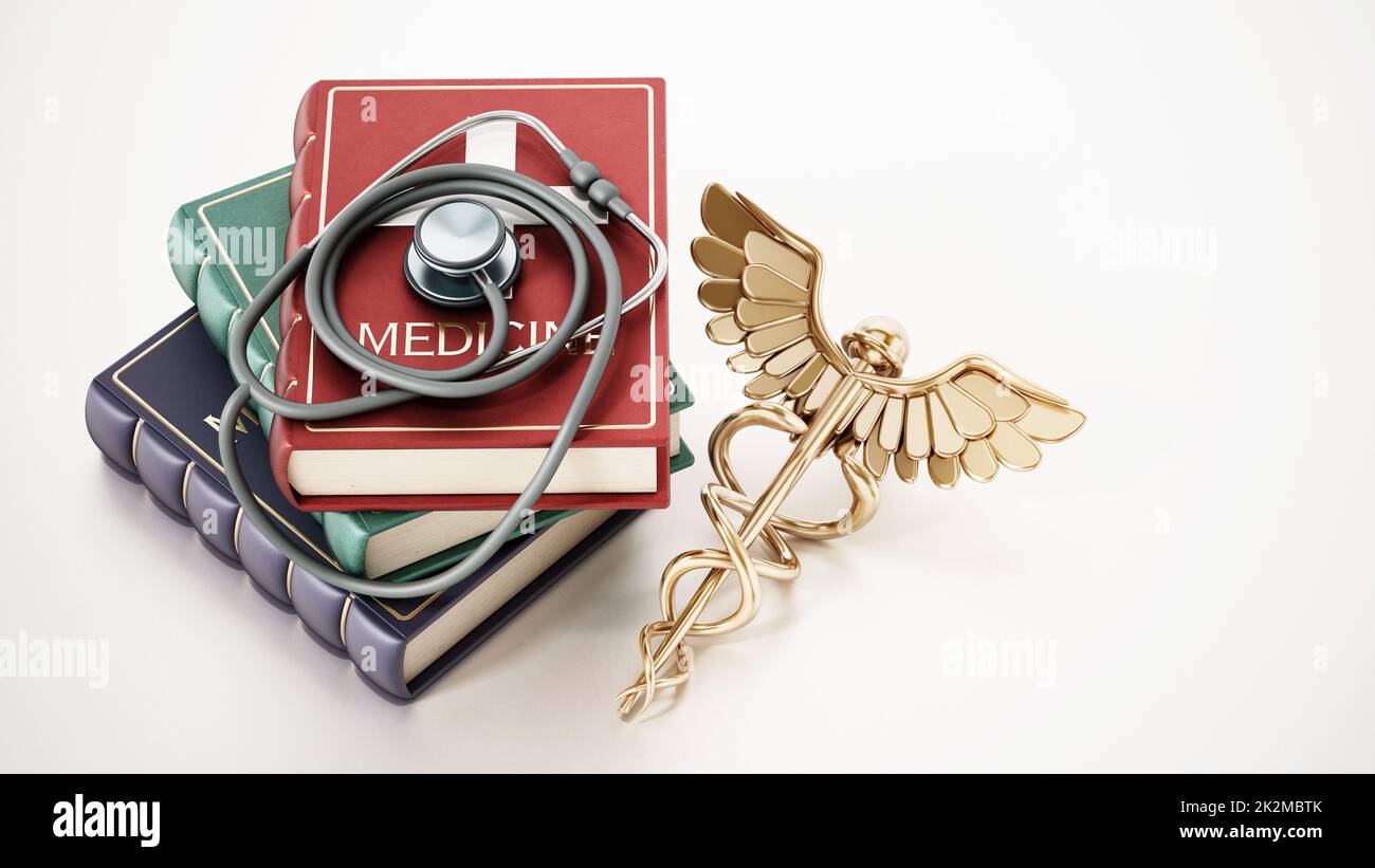 Stetoscopio, caduceo dorato e libri di medicina isolati su sfondo bianco. Illustrazione 3D Foto Stock