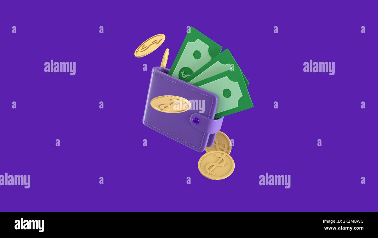 Portafoglio e banconote con monete in giro icona, risparmio di denaro concetto. illustrazione 3d Foto Stock