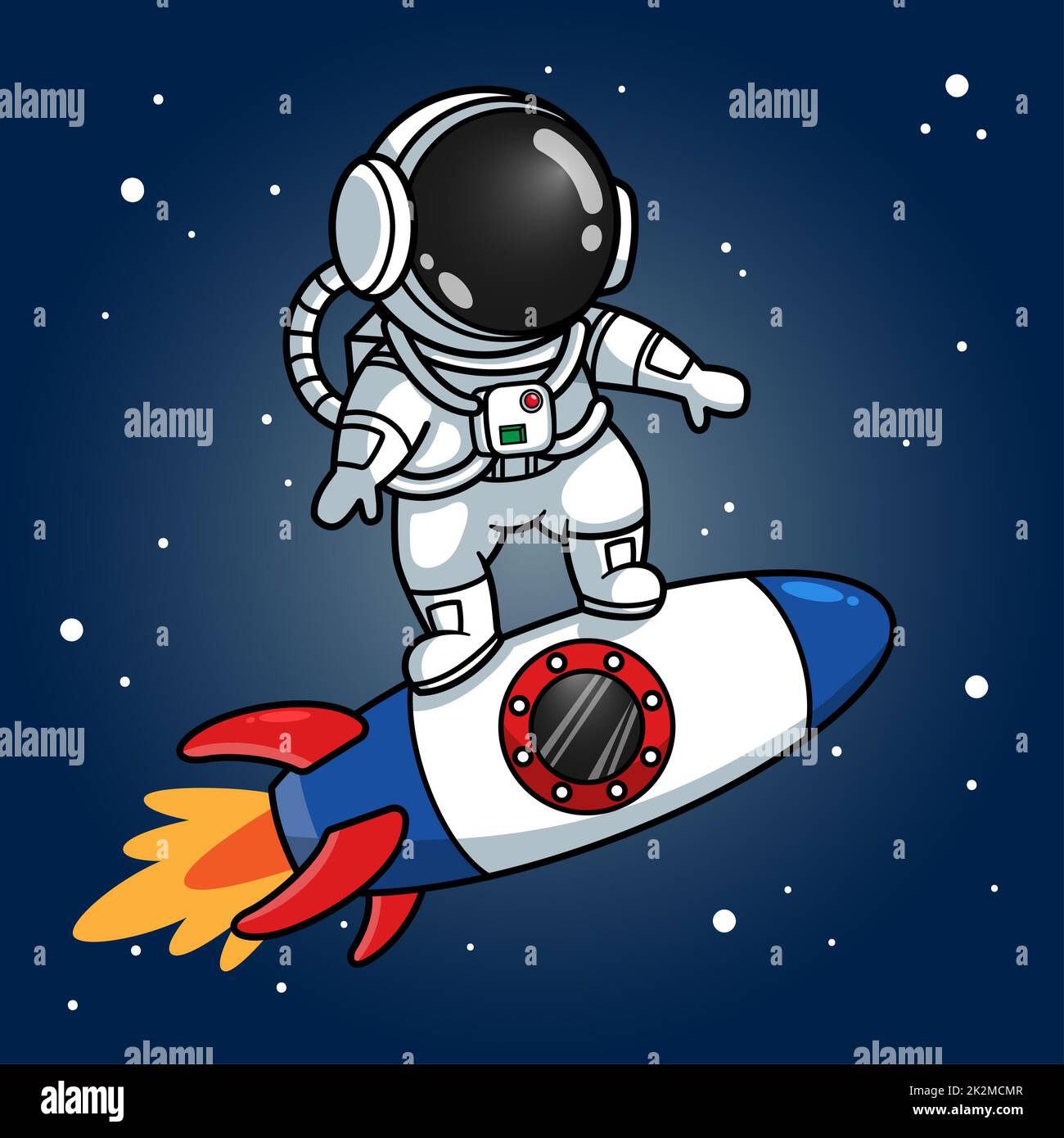 Carino astronauta Skating su Rocket Foto Stock