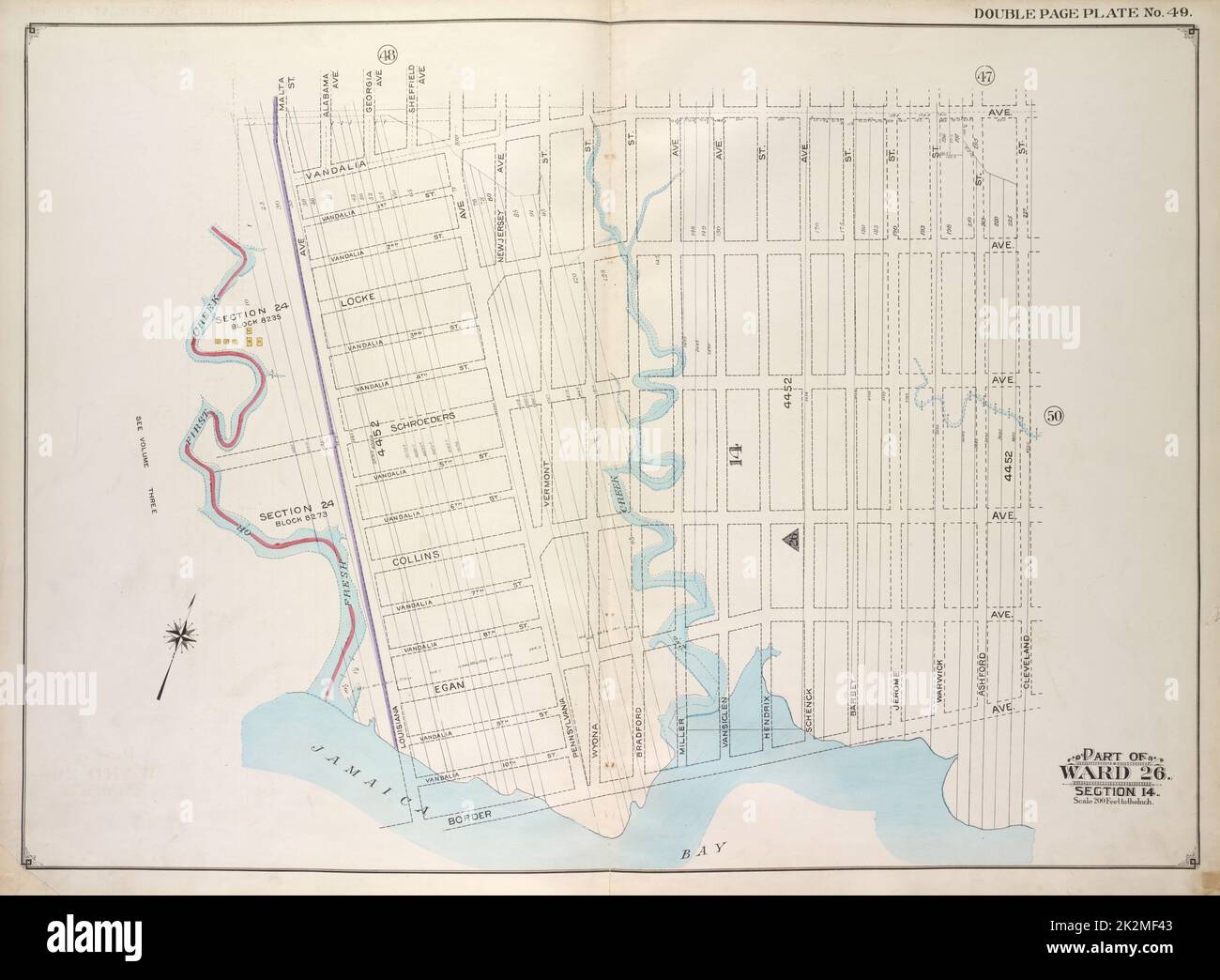 E.B. Hyde & Co.. Cartografica, Mappe. 1916. Lionel Pincus e la Principessa Firyal Map Division. Brooklyn (New York, N.Y.), Real Property, New York (state), New York Brooklyn, Vol. 1, 2nd Part, Double Page Plate No. 49; Part of Wards 26, Section 14; Map Bounded by Vandalia Ave., Cleveland St., Border Ave., Louisiana Ave., Fresh or First Creek; Tra cui Malta St., Alabama Ave., Georgia Ave., Sheffield Ave. Foto Stock