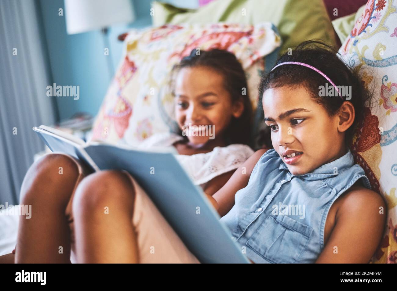 Fanno tutto insieme. Girato di due ragazze piccole allegre che leggono un libro di storia insieme nel paese durante il giorno. Foto Stock