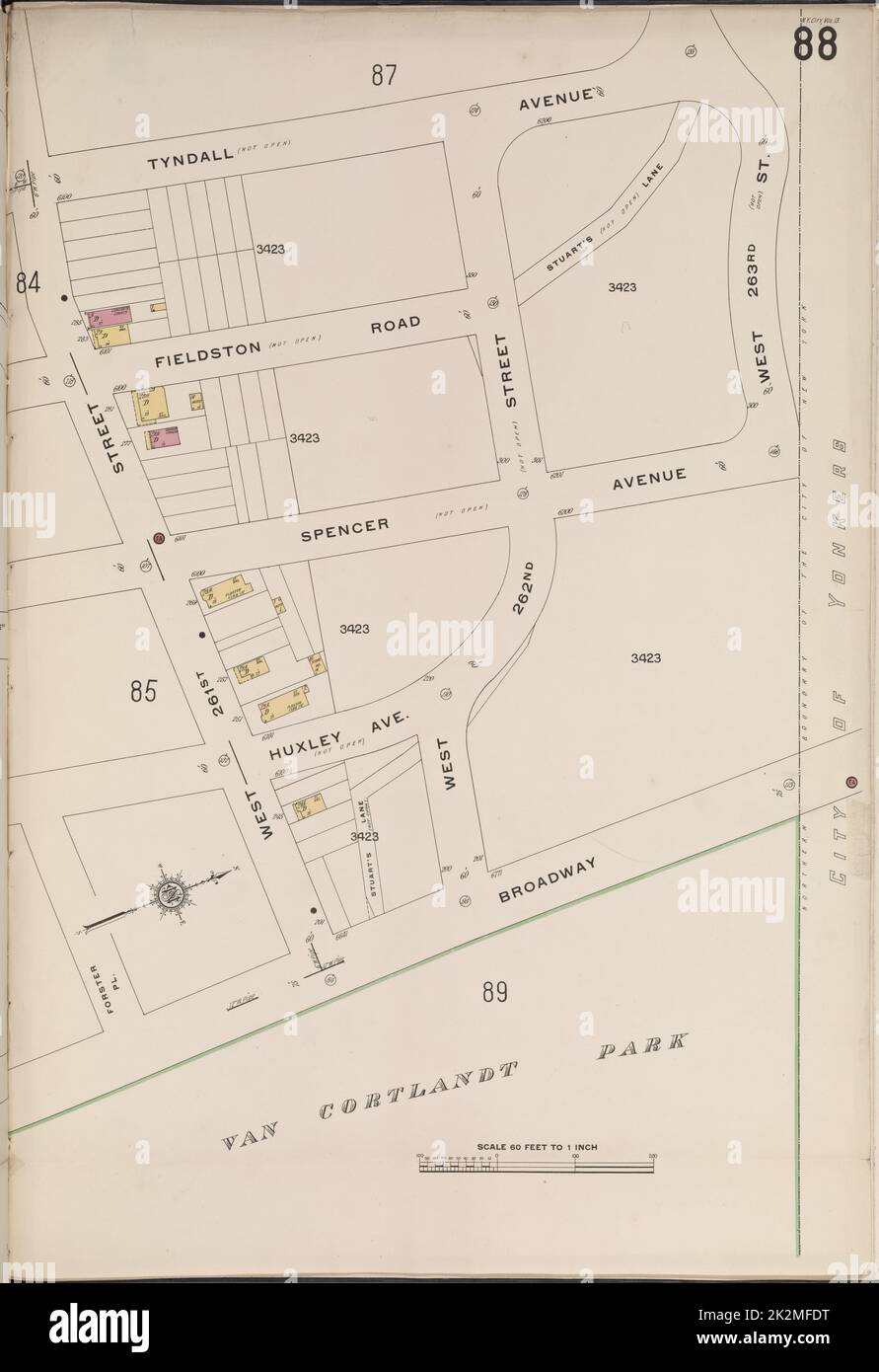 Cartografica, Mappe. 1914. Lionel Pincus e la Principessa Firyal Map Division. Assicurazione antincendio , New York (stato), Real Property , New York (stato), Cities & Cities , New York (stato) Bronx, V. 13, Plate No. 88 Mappa delimitata da Tyndall Ave., W. 263rd St., Broadway, Forster Pl. Foto Stock