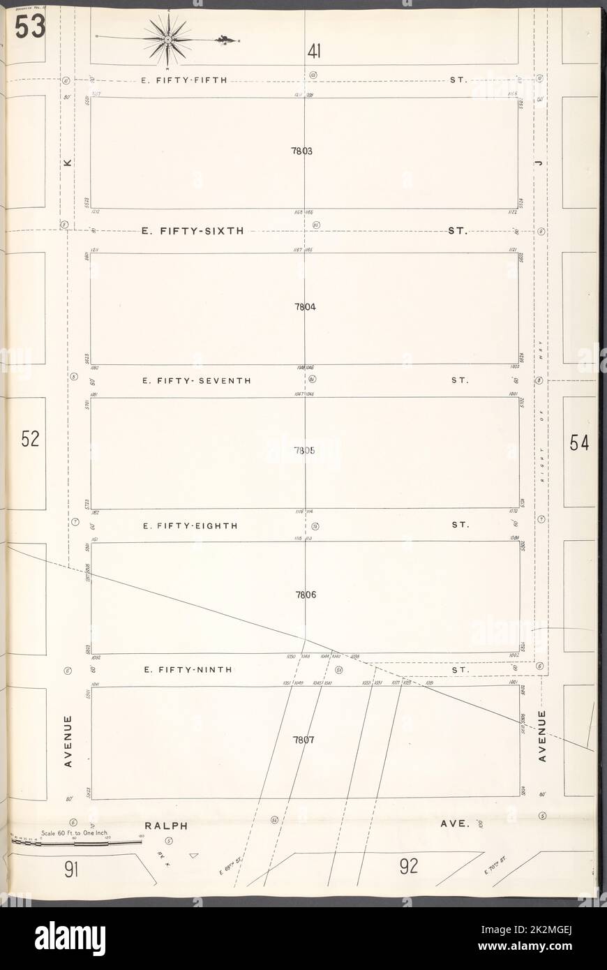 Cartografica, Mappe. 1884 - 1936. Lionel Pincus e la Principessa Firyal Map Division. Assicurazione antincendio , New York (stato), Real Property , New York (stato), Cities & Cities , New York (stato) Brooklyn V. 15, Plate No. 53 Mappa delimitata da E.55th St., Avenue J, Ralph Ave., Avenue K Foto Stock