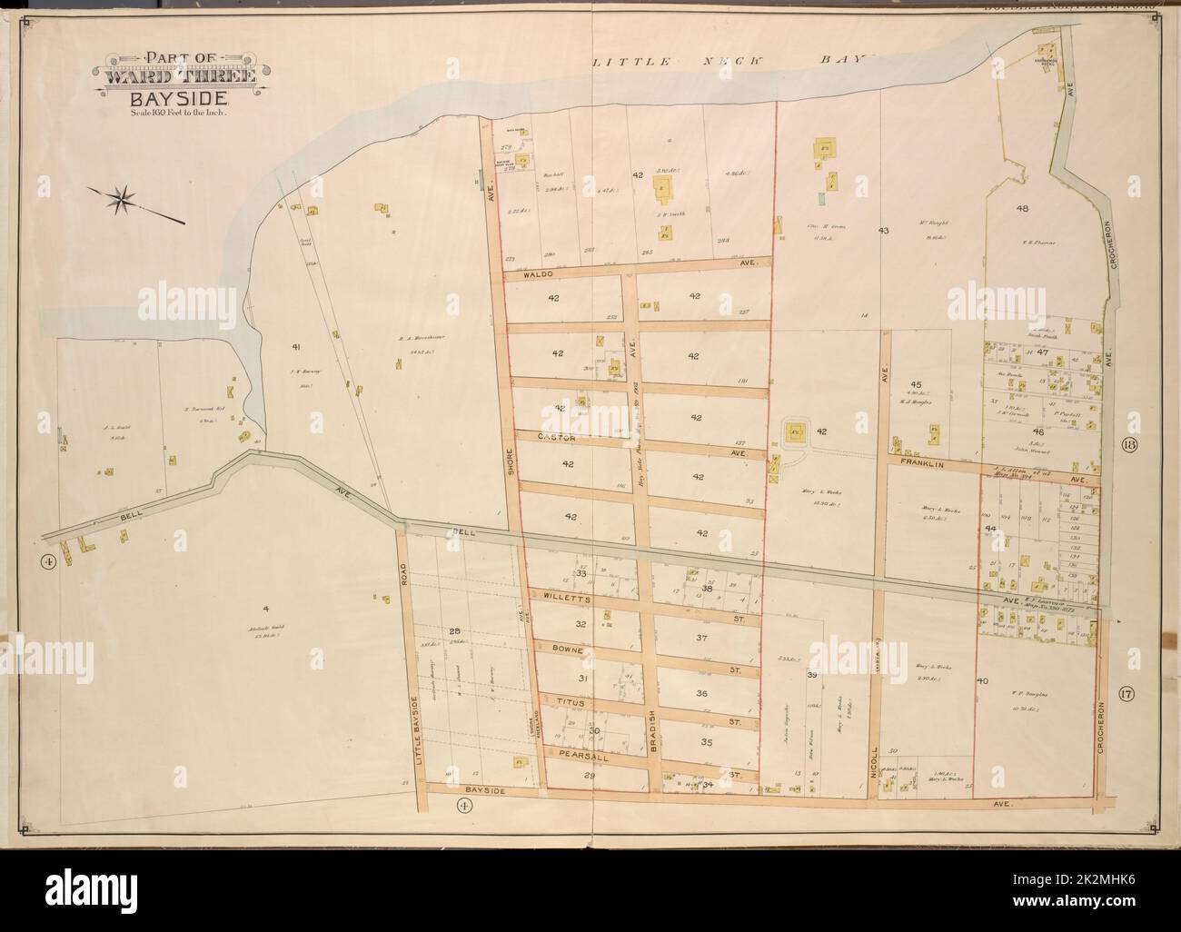 Cartografica, Mappe. 1908 - 1913. Lionel Pincus e la Principessa Firyal Map Division. Queens (New York, N.Y.), Long Island City (New York, N.Y.) Queens, Vol. 3, Double Page Plate No. 16; Part of Ward Three Bayside; Map Bounded by Bell Ave., Little Bayside Road, Shore Ave., Kneeland Ave., Bayside Ave., Bradish Ave., Nicoll Ave., Vista Ave., Cracheron Ave., Waldo Ave., Castor Ave., Franklin Ave.; inclusi Willetts St., Bowne St., Titus St., Pearsall St Foto Stock
