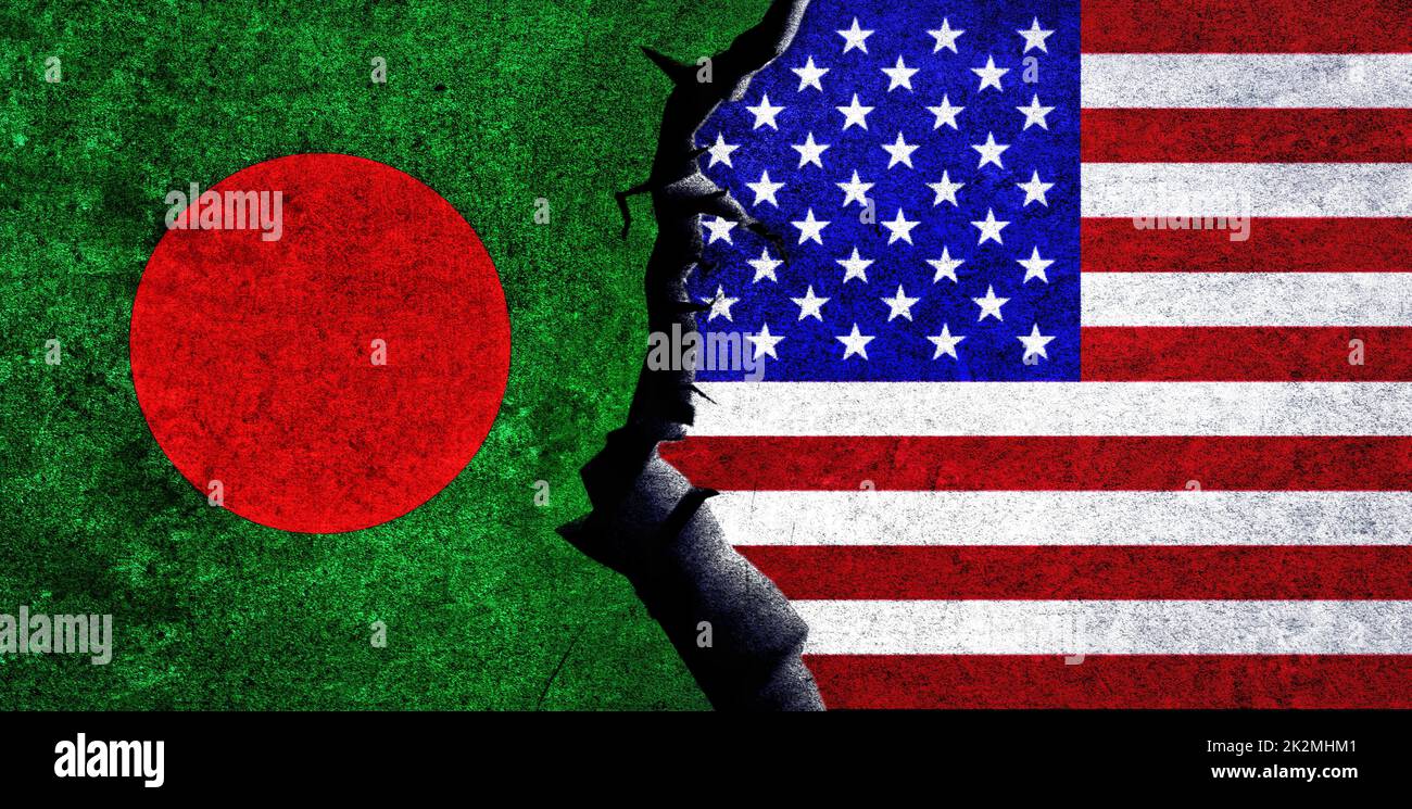 Gli Stati Uniti e il Bangladesh battono bandiera insieme. Bangladesh e Stati Uniti d'America relazione, conflitto, crisi, concetto di economia. USA vs Bangladesh Foto Stock