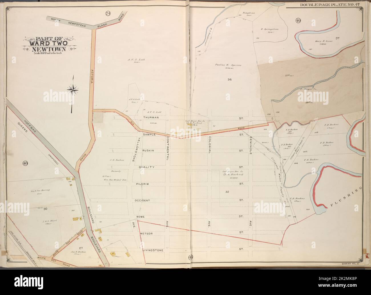 Cartografica, Mappe. 1908 - 1912. Lionel Pincus e Princess Firyal Map Division Queens, Vol. 2, Double Page Plate No. 47; parte di Ward Two Newtown; Mappa delimitata da Hempstead Plank Road nord, Livingstone Street; inclusi Hoffman Boulevard, White Pot Road, Astoria Road Foto Stock
