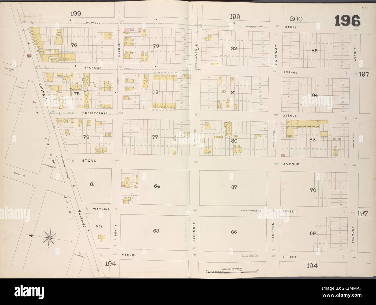 Cartografica, Mappe. 1884 - 1936. Lionel Pincus e la Principessa Firyal Map Division. Assicurazione antincendio , New York (stato), Real Property , New York (stato), Cities & Cities , New York (stato) Brooklyn, V. 8, Double Page Plate No. 196 Mappa delimitata da Powell St., Belmont Ave., Osborn St., Jamaica Ave. Foto Stock