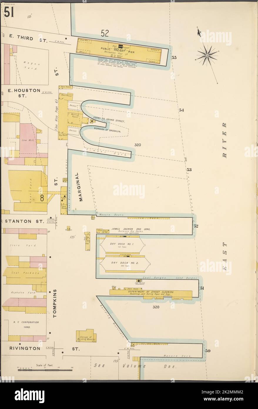 Cartografica, Mappe. 1884 - 1936. Lionel Pincus e la Principessa Firyal Map Division. Assicurazione antincendio , New York (Stato), Real Property , New York (Stato), Cities & Cities , New York (Stato) Manhattan, V. 2, Plate No. 51 Mappa delimitata da East River, Rivington St. Foto Stock