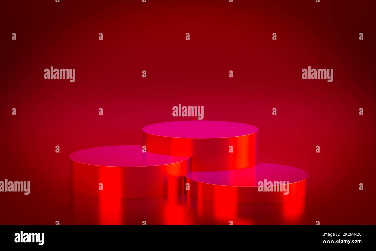 3 podi rossi metallizzati su sfondo rosso. sfondo con vignettatura. rendering 3d Foto Stock
