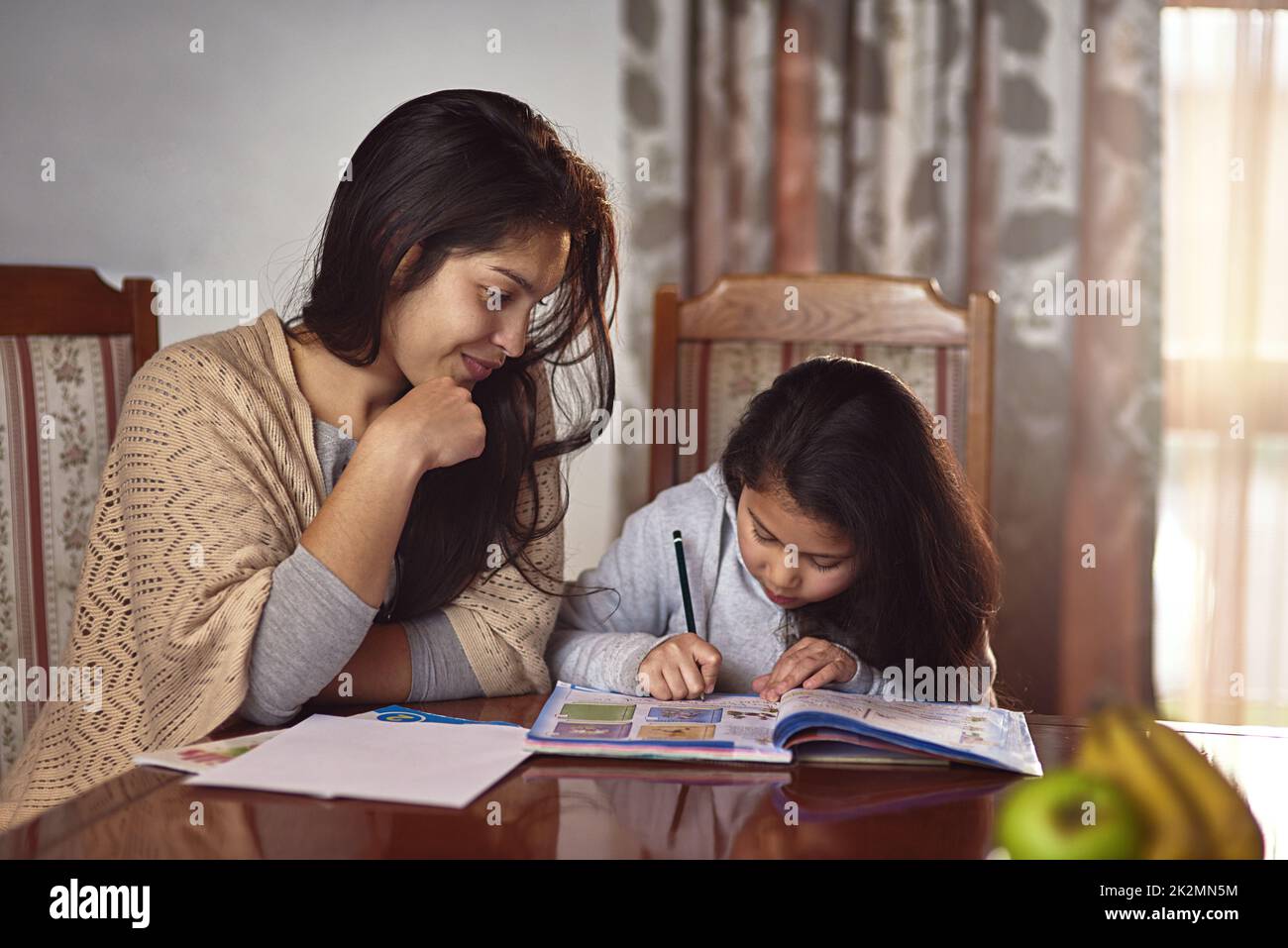 Thats la mia ragazza intelligente. Shot di una madre che guarda sua figlia fare i suoi compiti a casa. Foto Stock