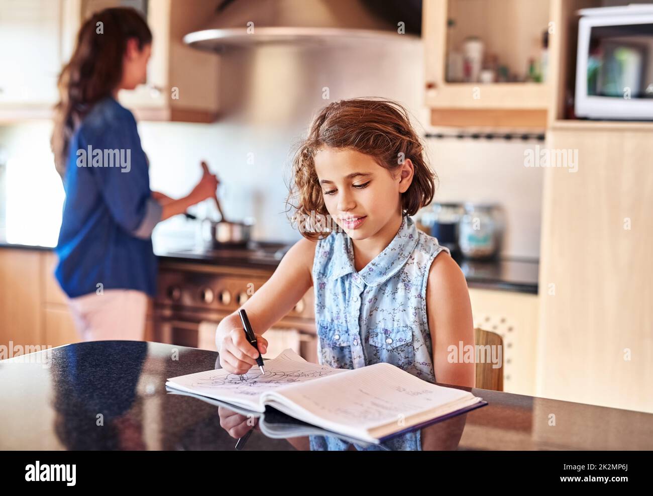 Passare il tempo mentre la mamma prepara il pranzo. Scatto ritagliato di una ragazza giovane che scrive in un libro mentre la sua mamma cuoca in background. Foto Stock