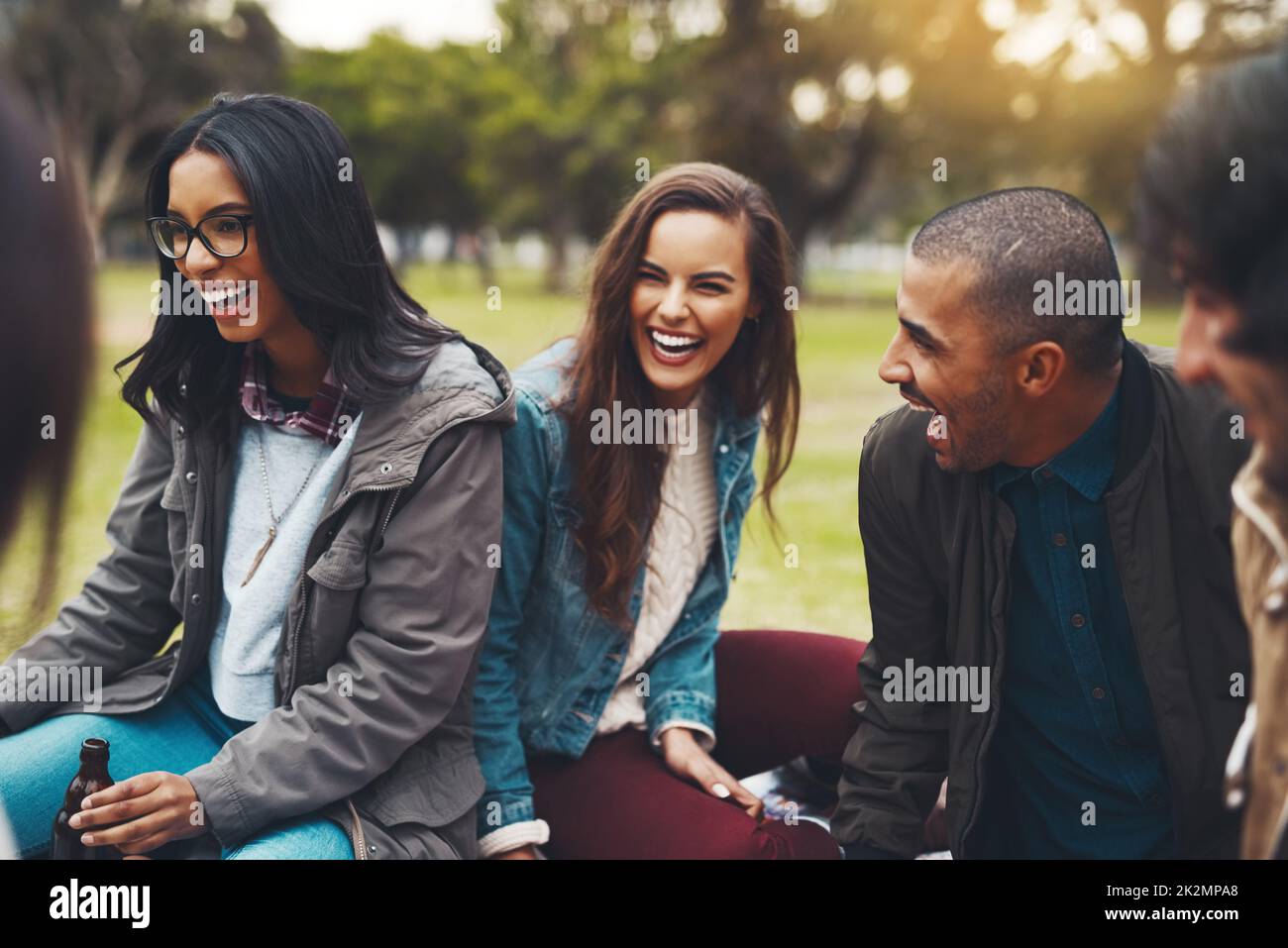 Abbiamo sempre una risata insieme. Shot di un gruppo di giovani amici allegri che hanno un picnic insieme fuori in un parco durante il giorno. Foto Stock