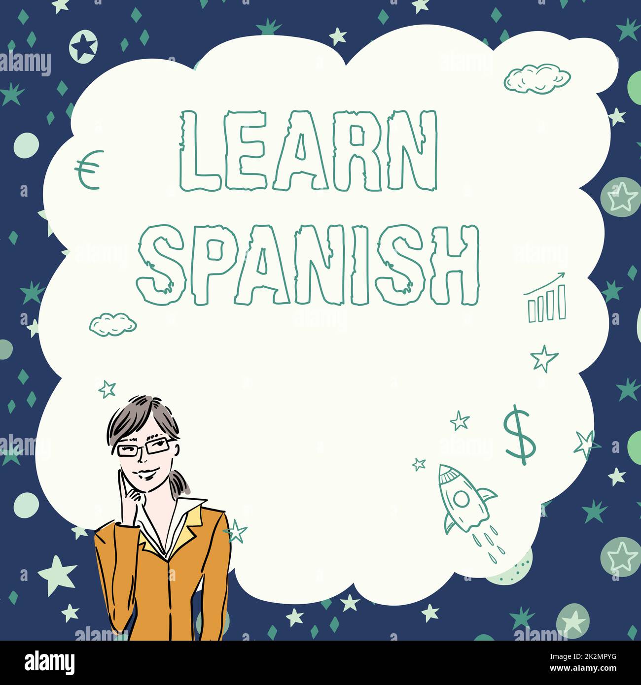 Testo che mostra ispirazione Impara lo spagnolo. Word written on Translation Language in Spain Vocabolario dialetto discorso Illustrazione della Signora pensare profondamente sola per nuove incredibili idee tattiche. Foto Stock