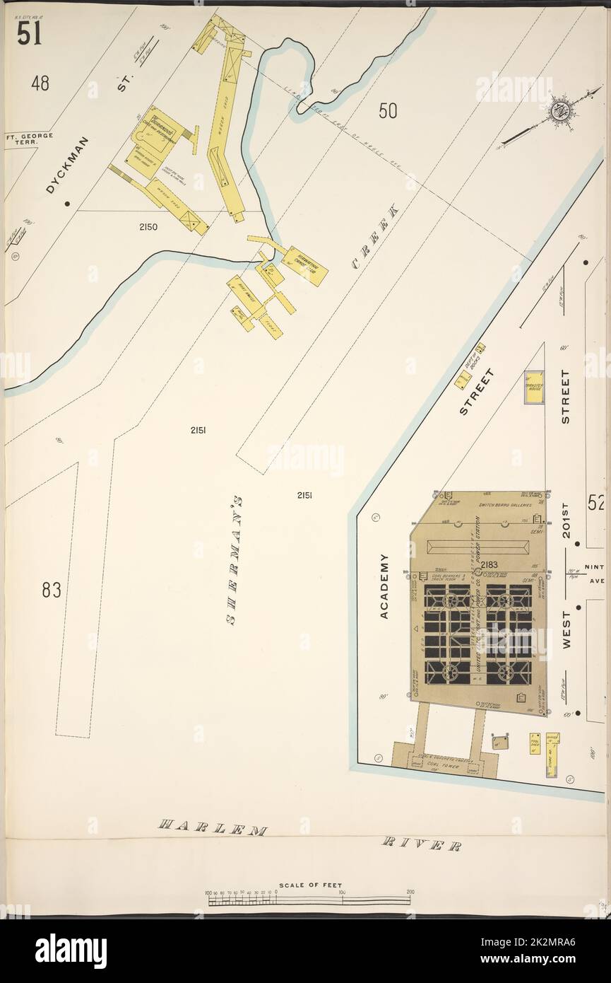 Cartografica, Mappe. 1913. Lionel Pincus e la Principessa Firyal Map Division. Assicurazione antincendio , New York (Stato), Real Property , New York (Stato), Cities & Cities , New York (Stato) Manhattan, V. 12, Plate No. 51 Mappa delimitata da Dyckman St., W. 201st St., Harlem River Foto Stock