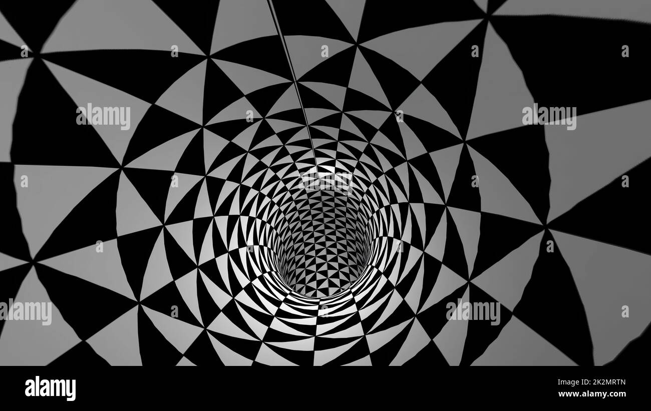 Illustrazione 3d di Tunnel con triangoli rotanti in bianco e nero Foto Stock