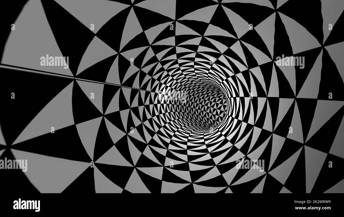 Illustrazione 3d di Tunnel con triangoli rotanti in bianco e nero Foto Stock