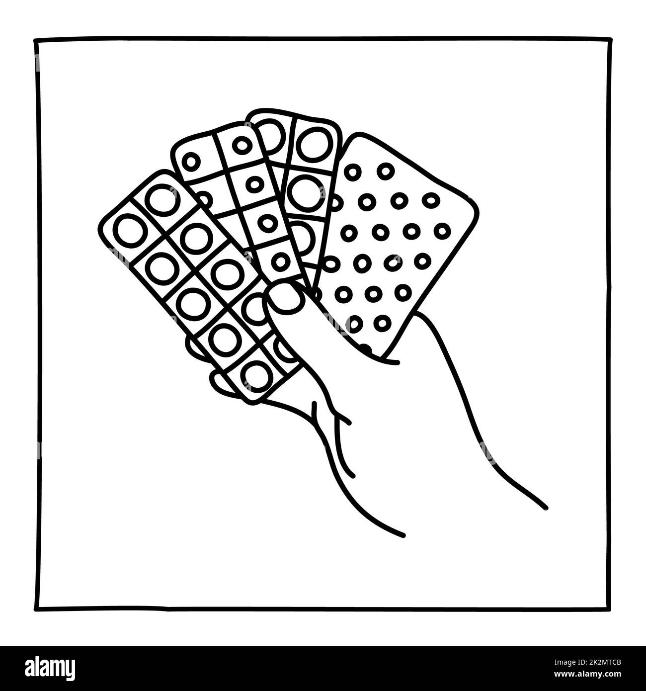 Icona Doodle di mano che tiene diverse pillole blister Foto Stock