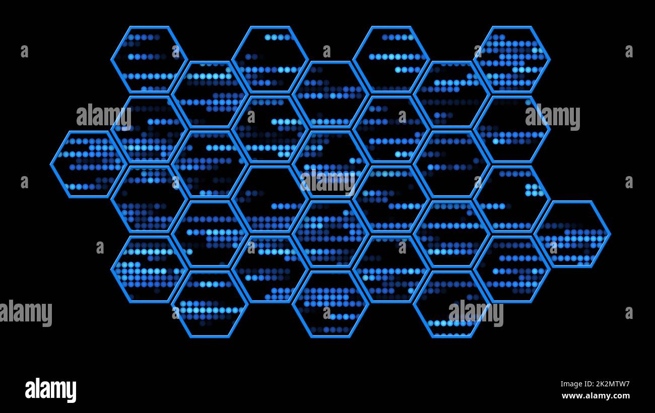 Sfondo grafico astratto di puntini blu dietro un taglio di un mosaico di esagoni Foto Stock