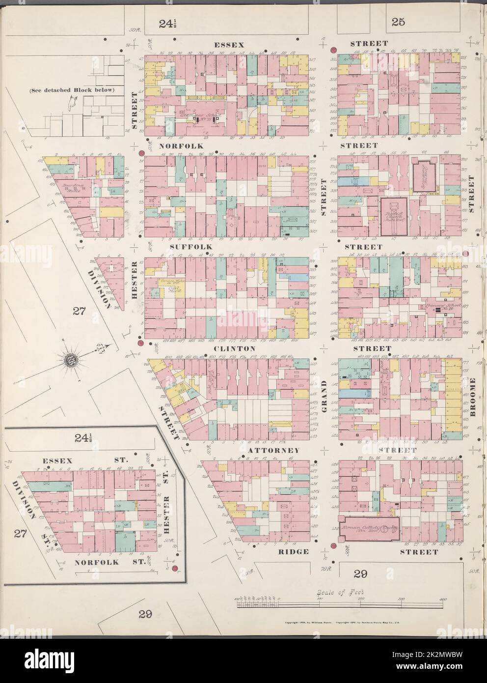 Cartografica, Mappe. 1894. Lionel Pincus e la Principessa Firyal Map Division. Assicurazione antincendio , New York (stato), Real Property , New York (stato), Cities & Cities , New York (stato) Manhattan, V. 1, Double Page Plate No. 26 Mappa delimitata da Essex St., Rivington St., Ridge St., Division St Foto Stock