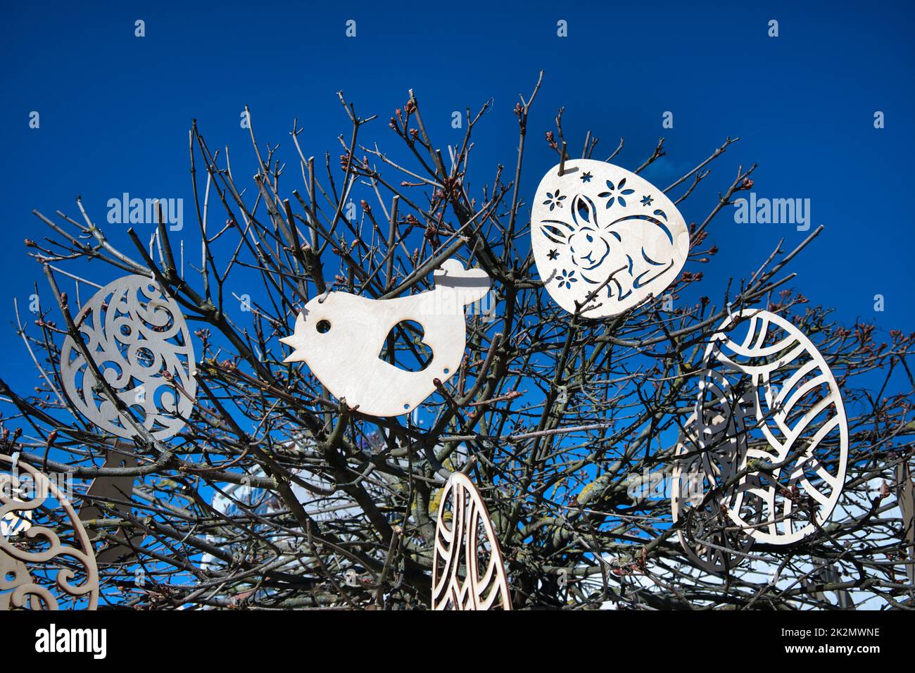 Colorate decorazioni pasquali appese su rami di albero Foto Stock