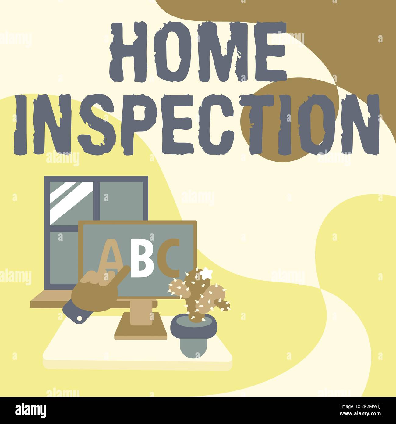 Scrittura a mano testo Home Inspection. Parola per l'esame della condizione di una mano di proprietà relativa alla casa che mostra lettere che puntano lo schermo del browser Web con Cactus sul lato. Foto Stock