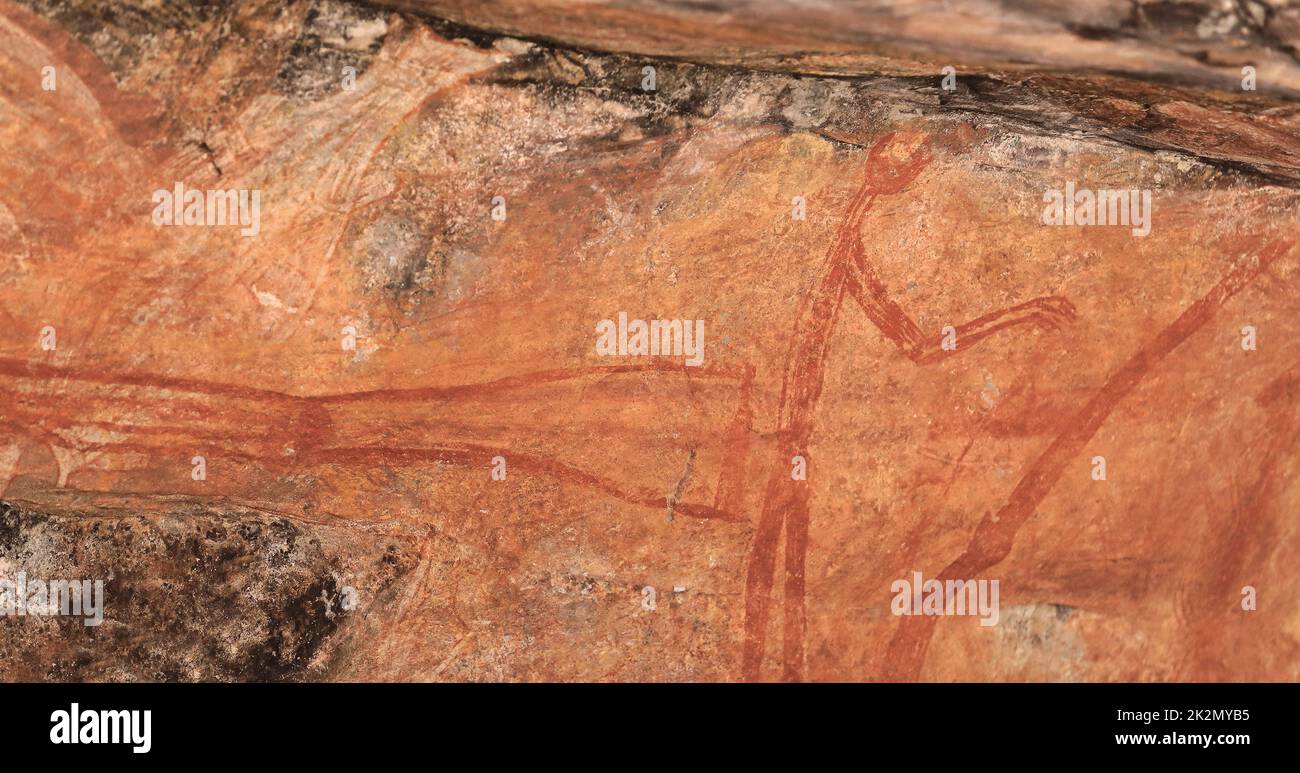 Arte rupestre aborigena: Pittura d'epoca a contatto dell'uomo con fucili. Ubirr-Kakadu-Australia-192 Foto Stock