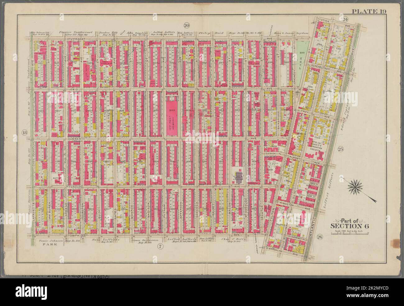 Bromley, George Washington. Cartografia, Mappe, Atlanti, rilievi terrestri. 1908. Lionel Pincus e la Principessa Firyal Map Division. Brooklyn (New York, N.Y.) , Mappe targa 19: Delimitata da Stuyvesant Avenue, Fulton Street, Utica Avenue, Atlantic Avenue, Brooklyn Avenue, Fulton Street, Tompkins Avenue e Lafayette Avenue Plate 19 Foto Stock