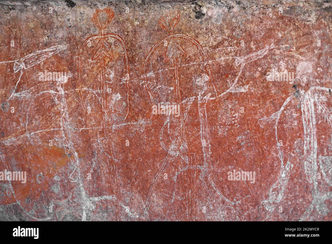 Arte rupestre aborigena: Uomini che puniscono una giovane ragazza di un altro clan. Ubirr-Kakadu-Australia-194 Foto Stock