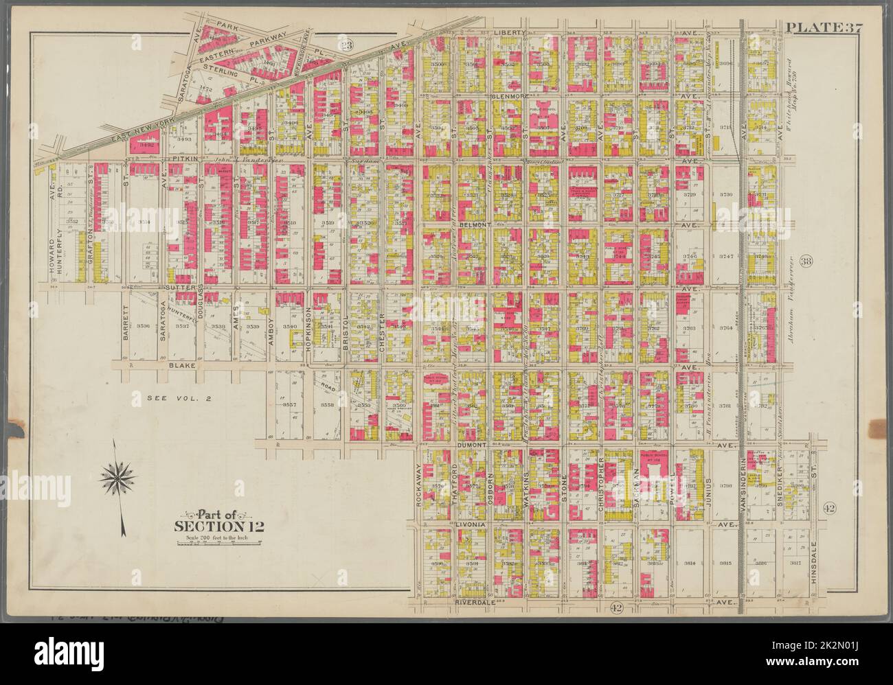 Bromley, George Washington. Ancora immagine. Mappe, Atlantici, rilievi terrestri. 1908. Lionel Pincus e la Principessa Firyal Map Division. Brooklyn (New York, N.Y.) , Maps Plate 37: Delimitato da Park Place, East New York Avenue, Liberty Avenue, Snediker Avenue, Dumont Avenue, Hinsdale Street, Riverdale Avenue, Rockway Avenue, Dumont Avenue, Amboy Street, Blake Avenue, Barret Street, Sutter Avenue, Howard Avenue, East New York Avenue e Saratoga Avenue Plate 37 Foto Stock