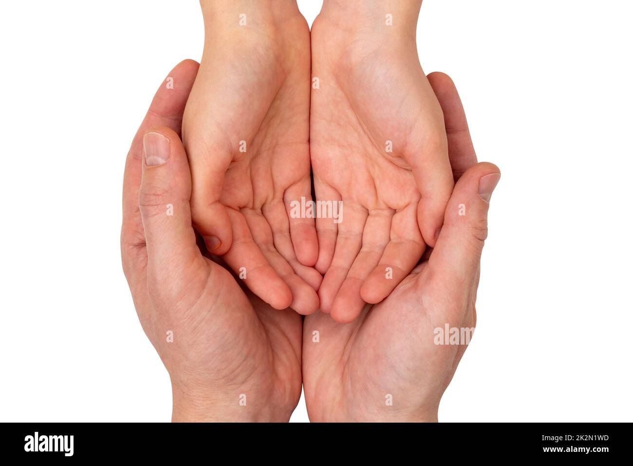 Palmi adulti che tengono le mani dei bambini Foto Stock