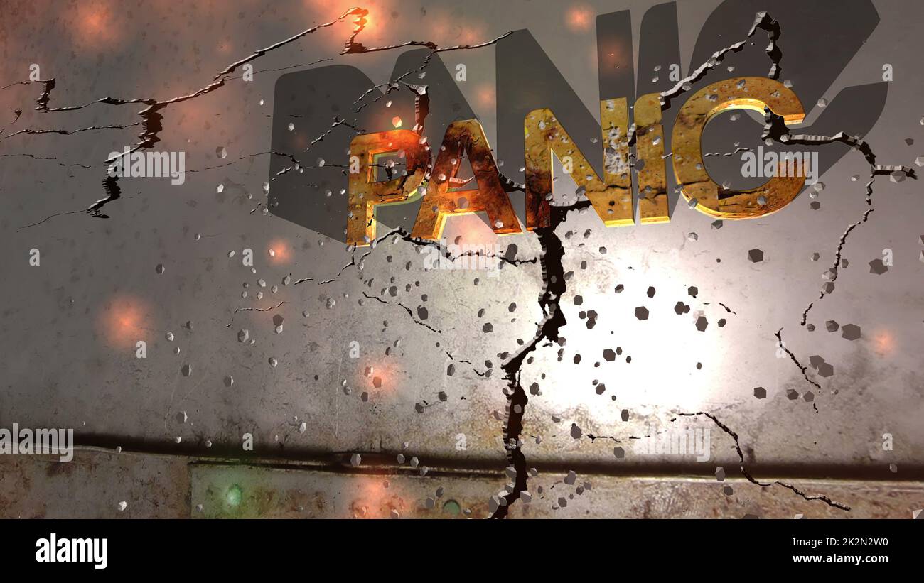 Testo panico grunge sulla parete Foto Stock