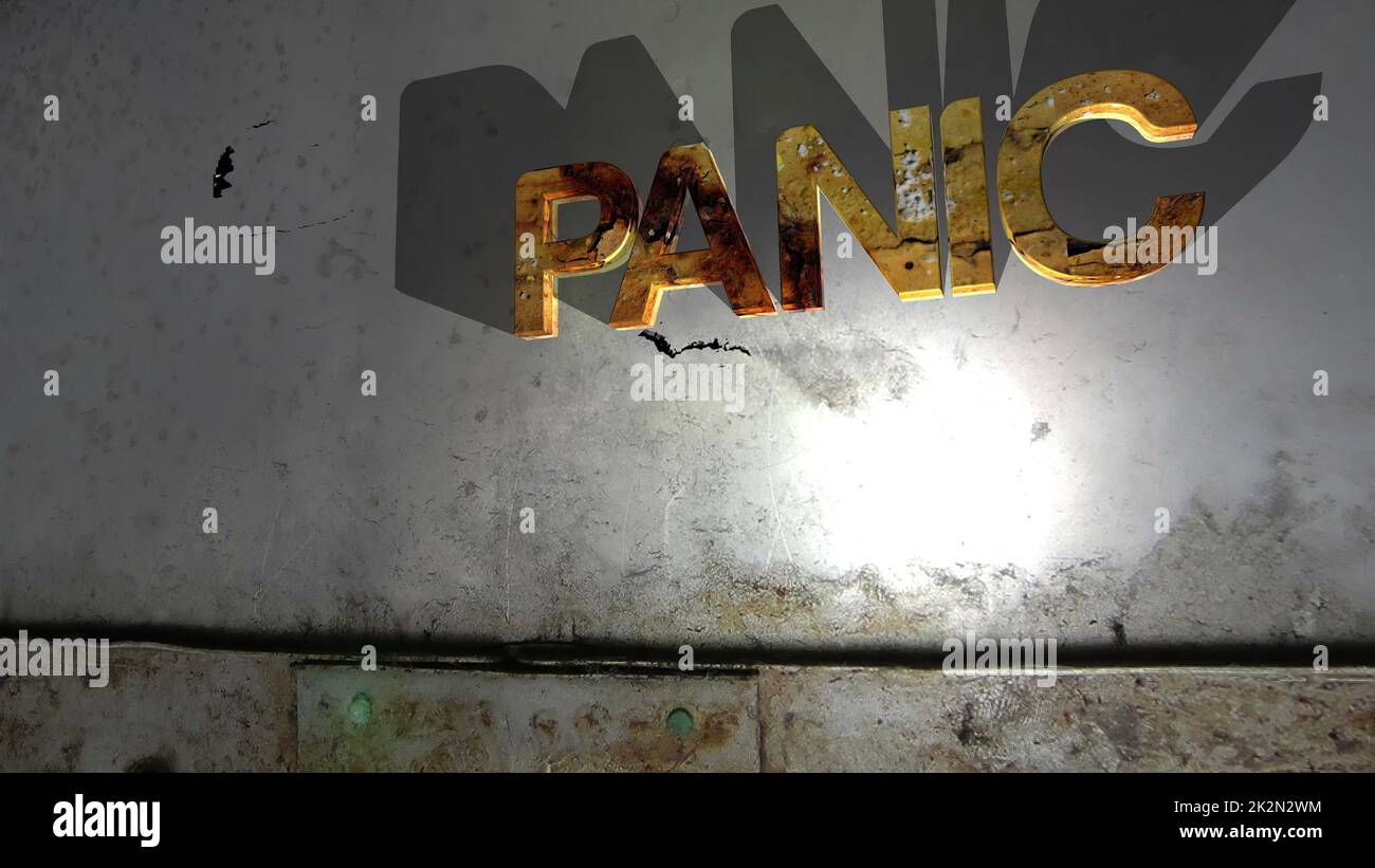 Testo panico grunge sulla parete Foto Stock