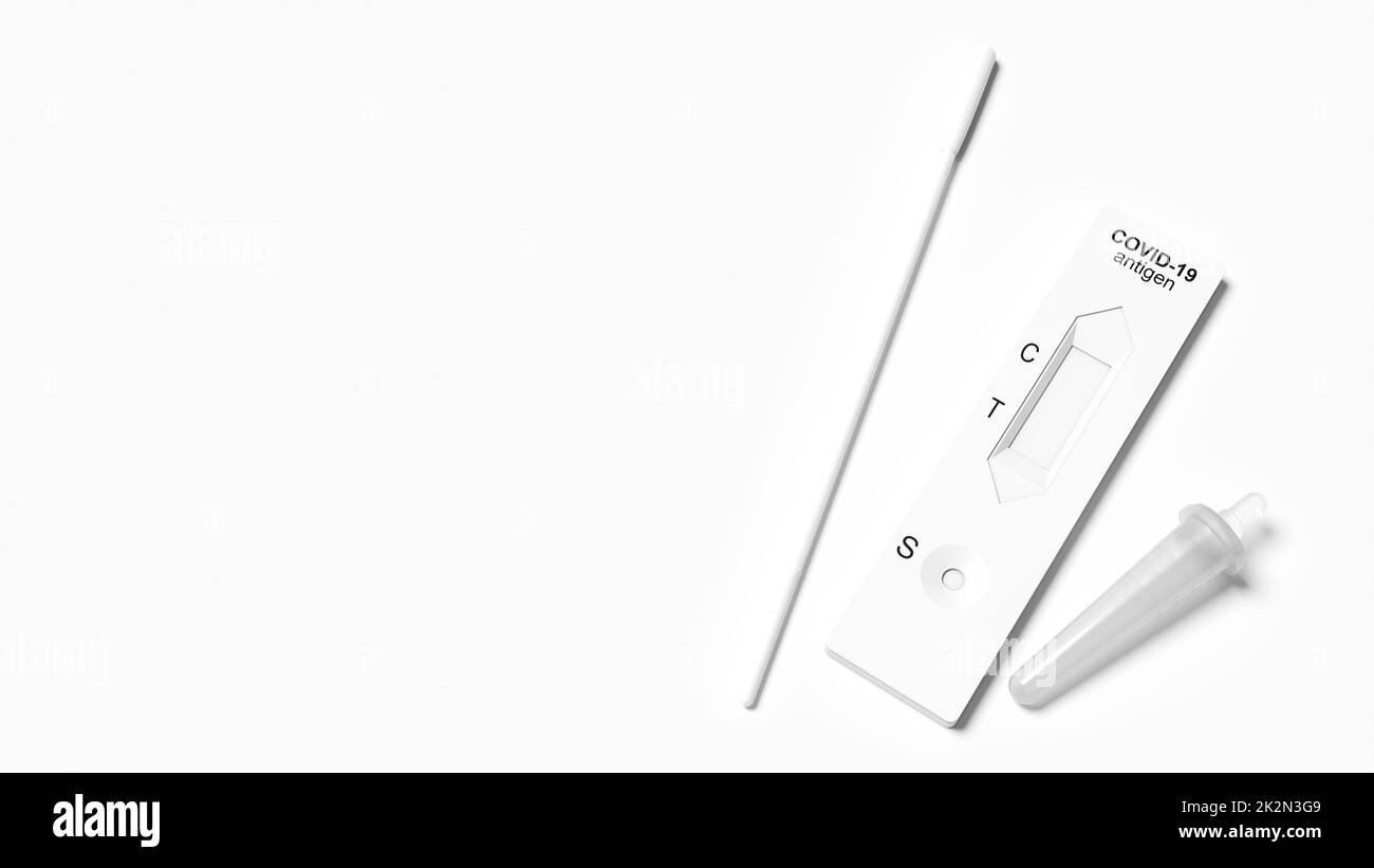 Test rapido dell'antigene del virus corona. Test del kit di schede da laboratorio per COVID-19. 3d illustrazione Foto Stock