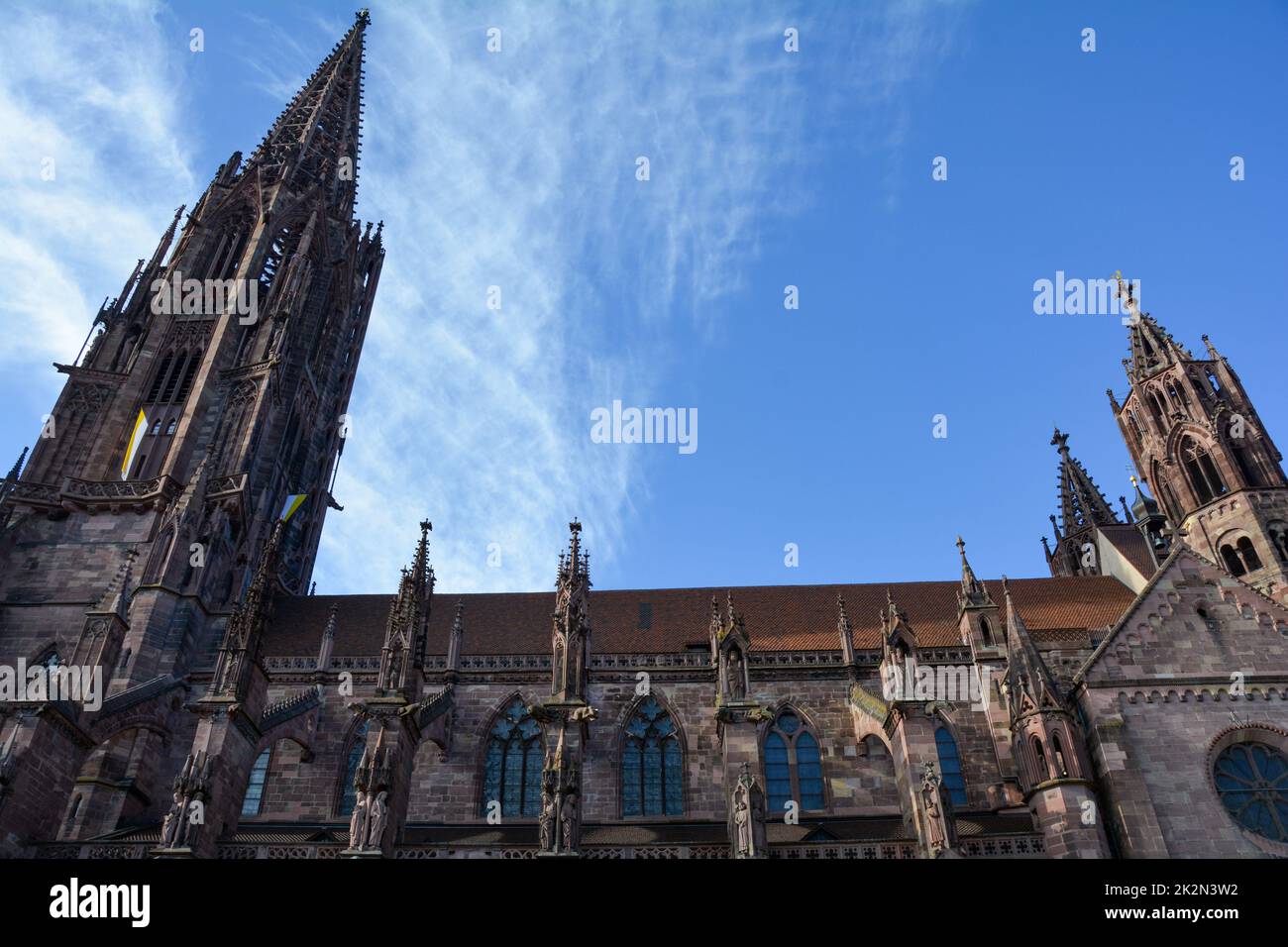 Parte del Minster con torre a Friburgo, Germania Foto Stock