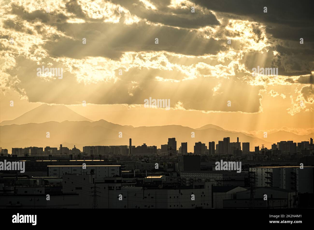 Lo skyline di Tokyo e il Monte Fuji, avvolto al crepuscolo Foto Stock