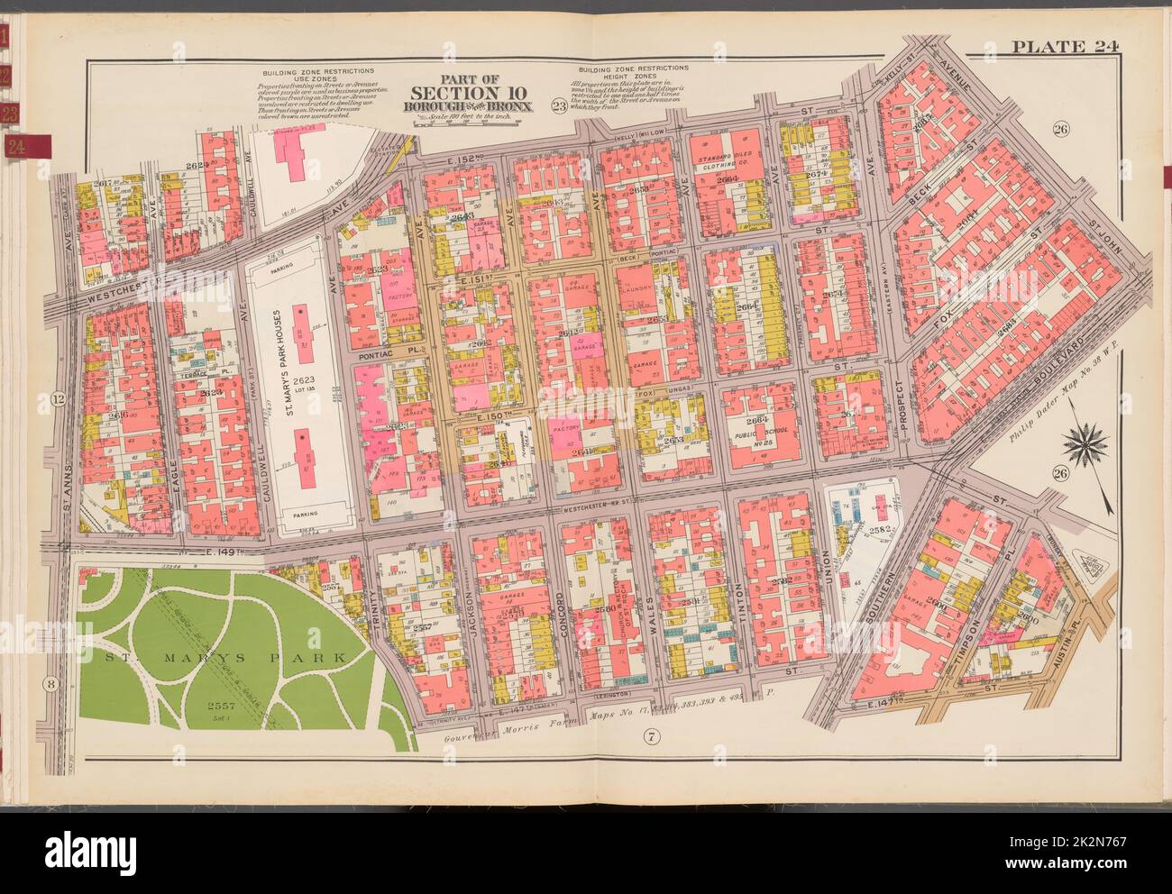 Cartografica, Mappe. 1942 - 1957. Lionel Pincus e la Principessa Firyal Map Division. Real Property , New York (state) , New York (N.Y.), Bronx (New York, N.Y.) , Carte a doppia pagina No. 24, parte della Sezione 10, Borough of the Bronx: Bounded by Westchester Avenue, E. 152nd Street, Kelly Street, Avenue St. John, Southern Boulevard, E. 149th Street, Austin Place, E. 147th Street, Trinity Avenue, (St Mary's Park) E. 149th Street e St. Anns Avenue Foto Stock